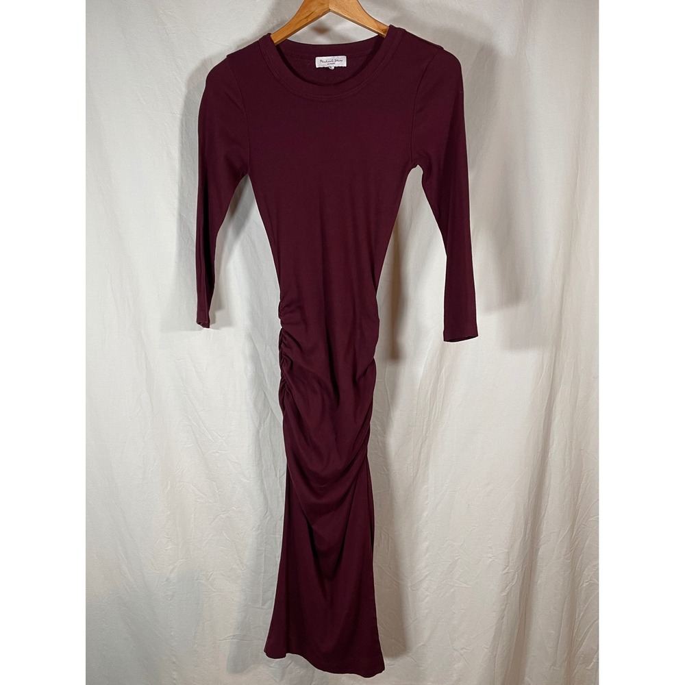 Michael Stars Womens Ribbed Ruched Side Slit Midi Dress Burgundy XS Long Sleeve